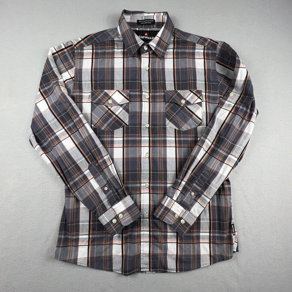Airwalk Button Down Shirt Mens Large Grey Orange Plaid Long Sleeve Skate Casual